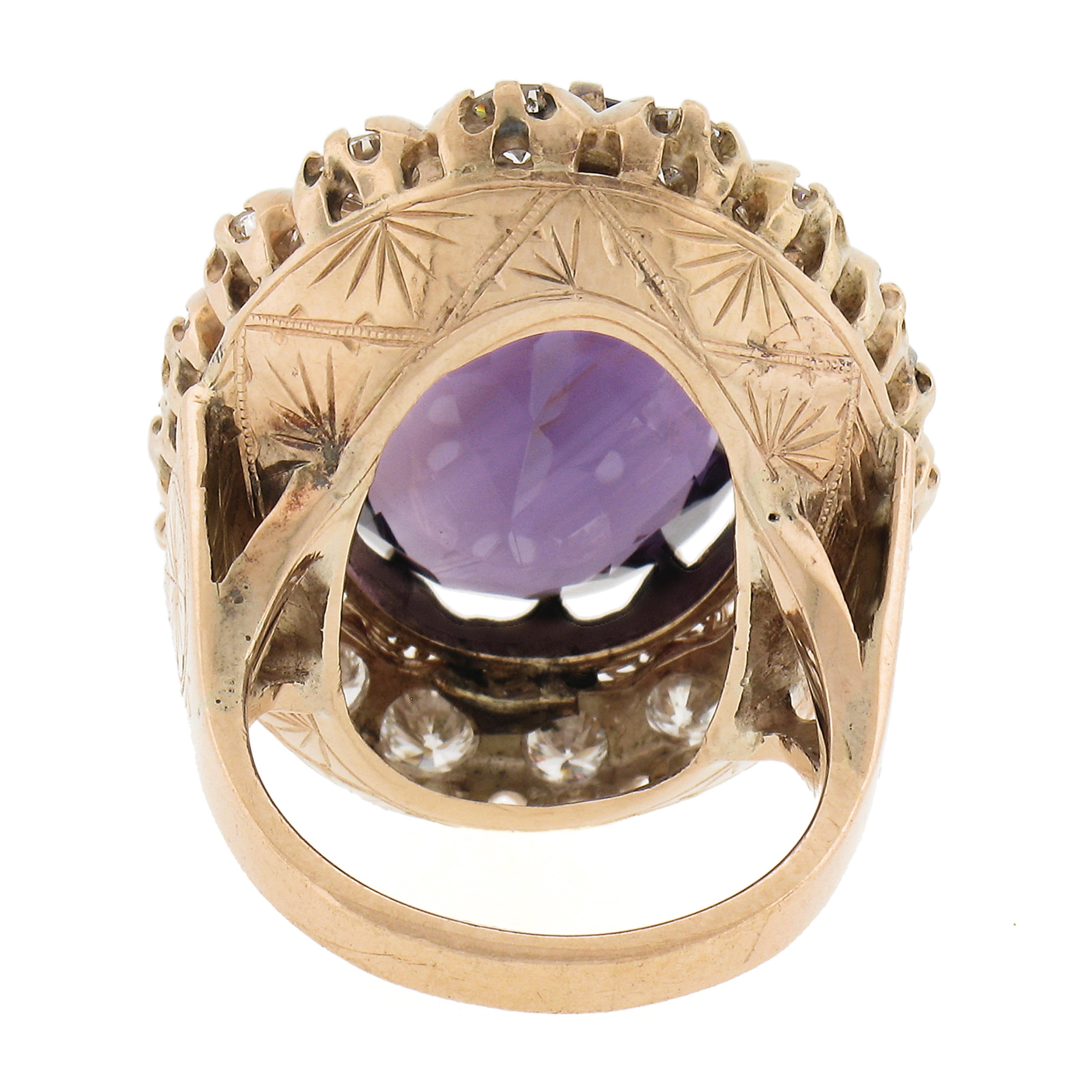 Victorian Revival 14K Gold 19.50ctw Oval Amethyst w/ Diamond Halo Cocktail Ring For Sale 2