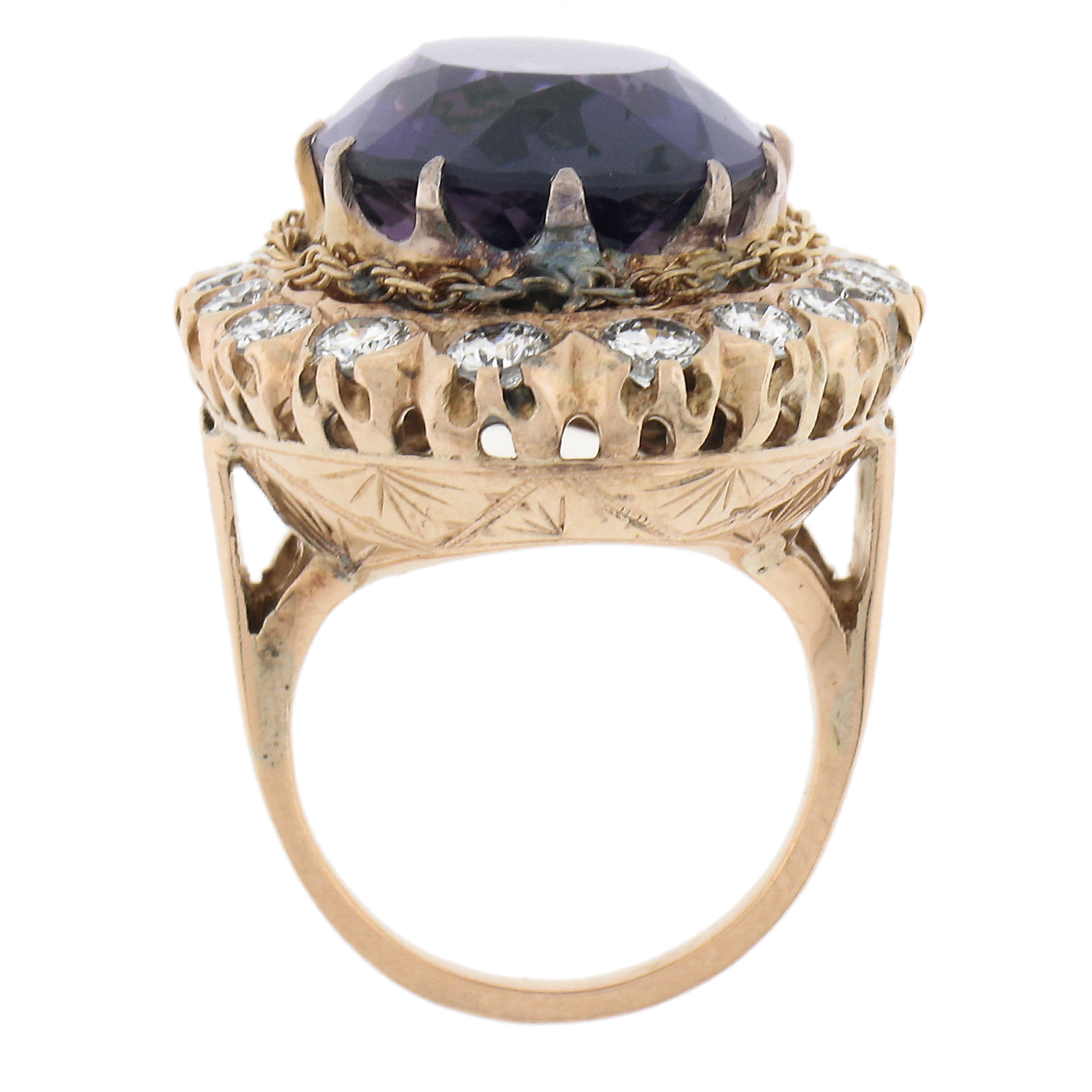 Victorian Revival 14K Gold 19.50ctw Oval Amethyst w/ Diamond Halo Cocktail Ring For Sale 3