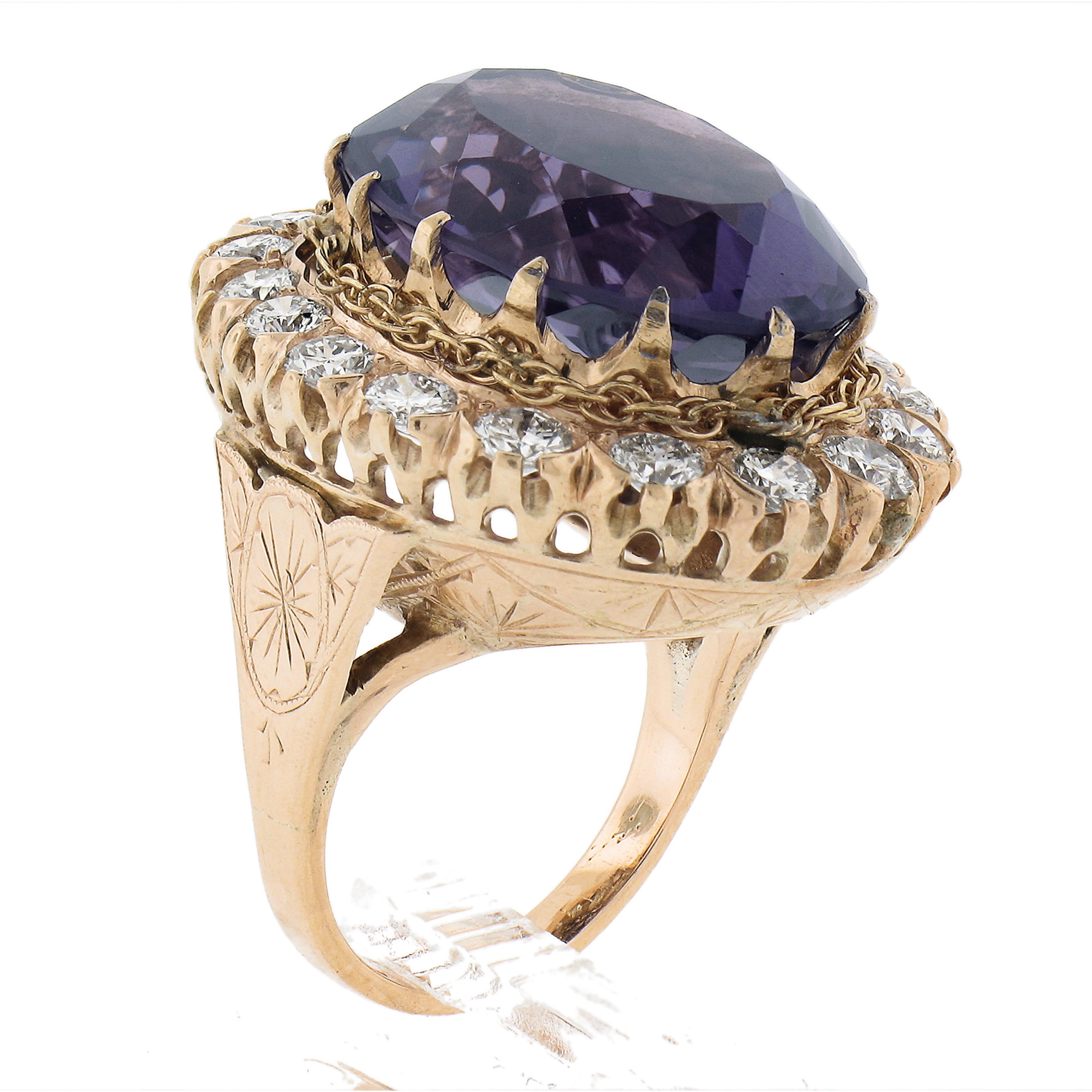 Victorian Revival 14K Gold 19.50ctw Oval Amethyst w/ Diamond Halo Cocktail Ring For Sale 4