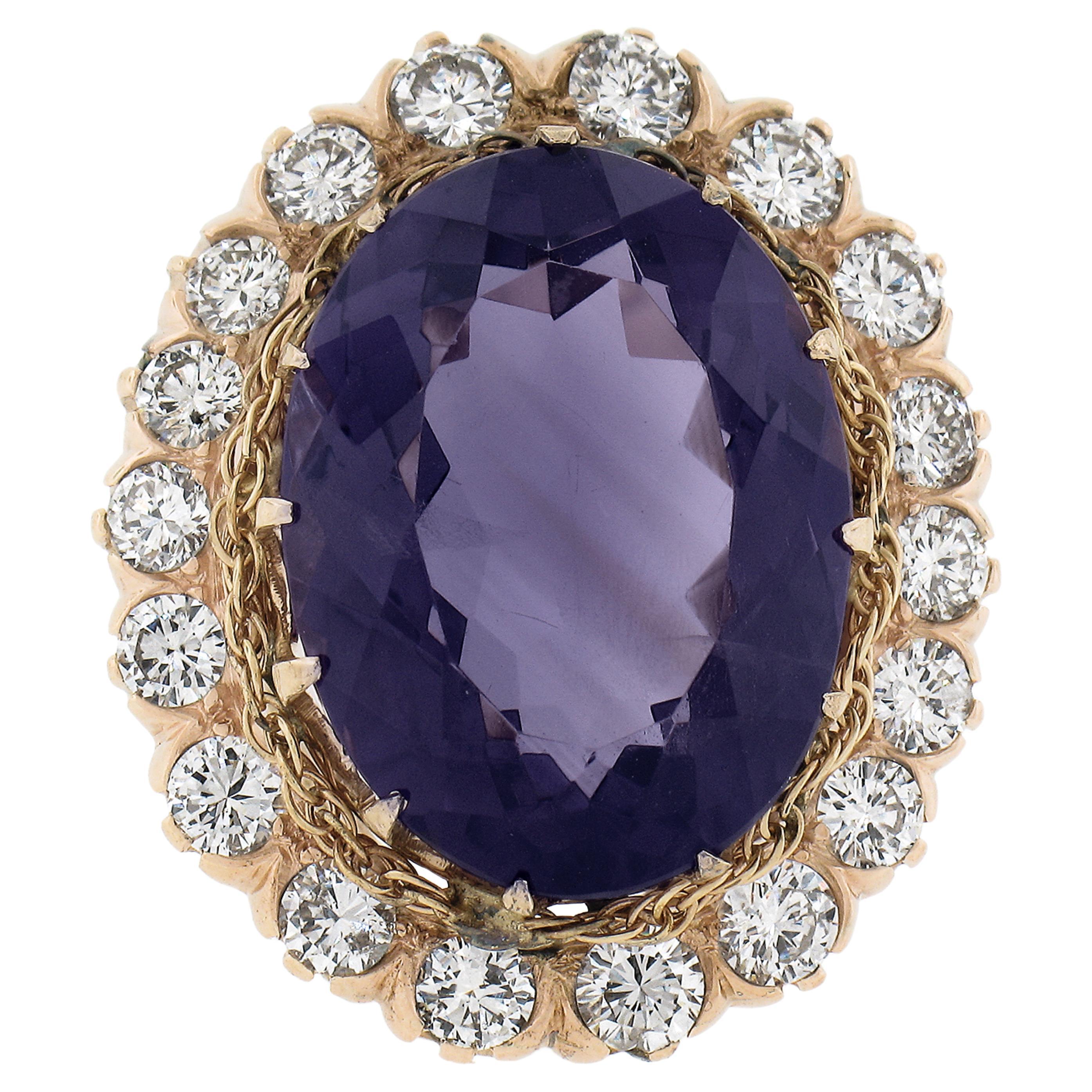 Victorian Revival 14K Gold 19.50ctw Oval Amethyst w/ Diamond Halo Cocktail Ring For Sale