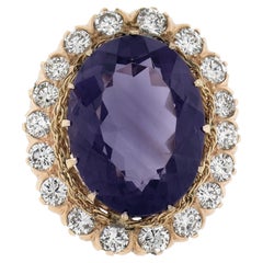 Victorian Revival 14K Gold 19.50ctw Oval Amethyst w/ Diamond Halo Cocktail Ring