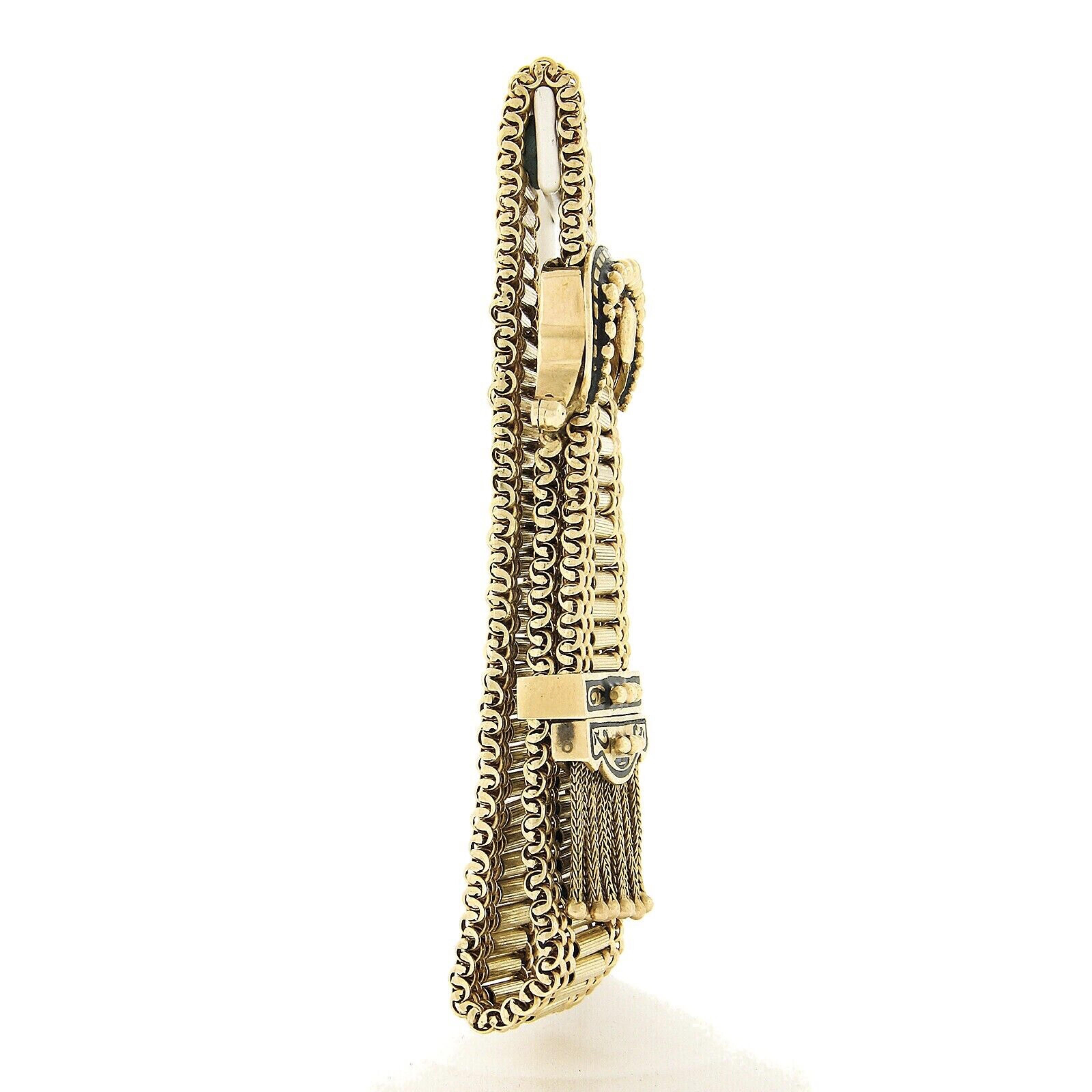 Victorian Revival 14K Oro Negro Esmalte Borla Fancy Slide Hebilla Correa Pulsera Renacimiento en venta