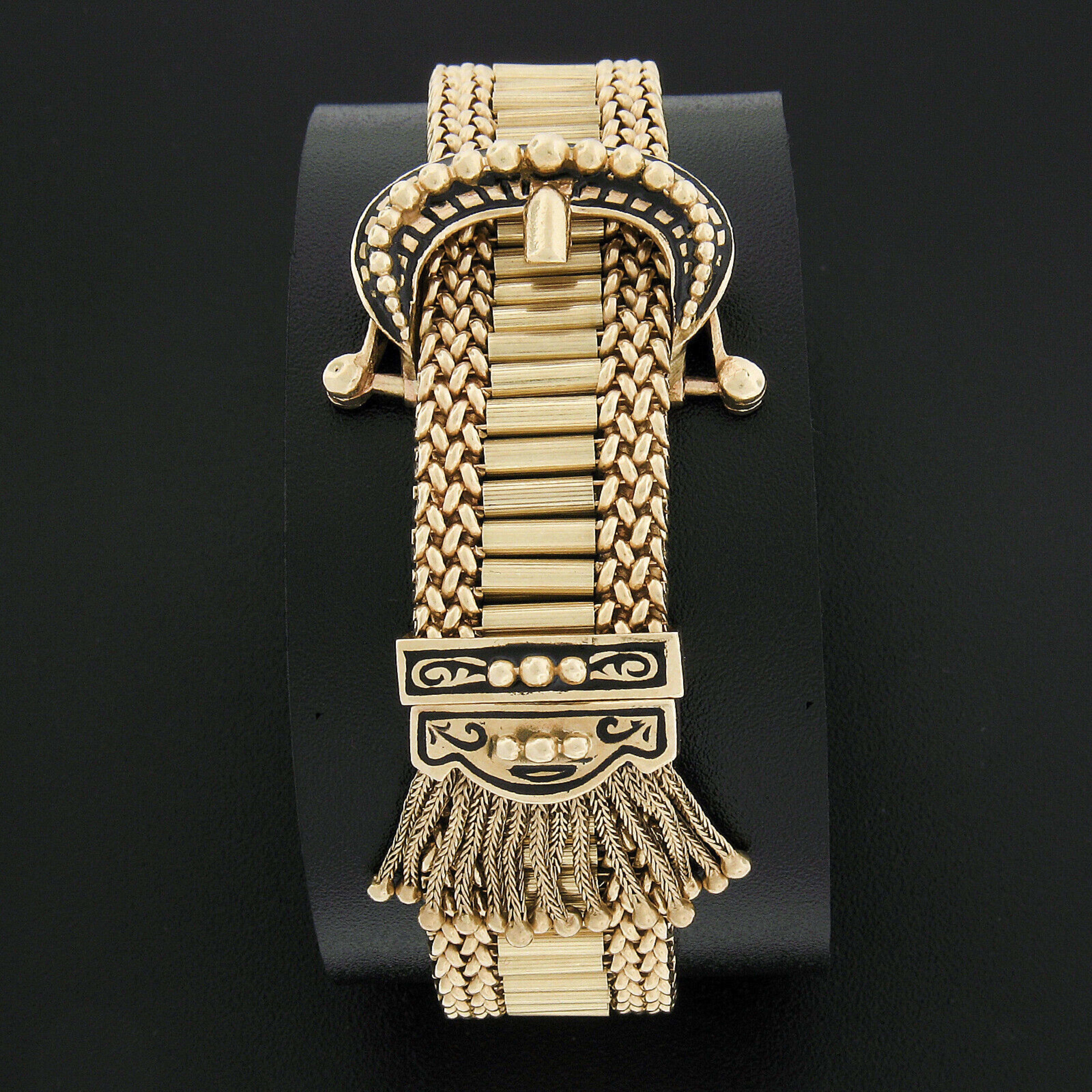 Women's or Men's Victorian Revival 14K Gold Black Enamel Tassel Fancy Slide Buckle Strap Bracelet For Sale
