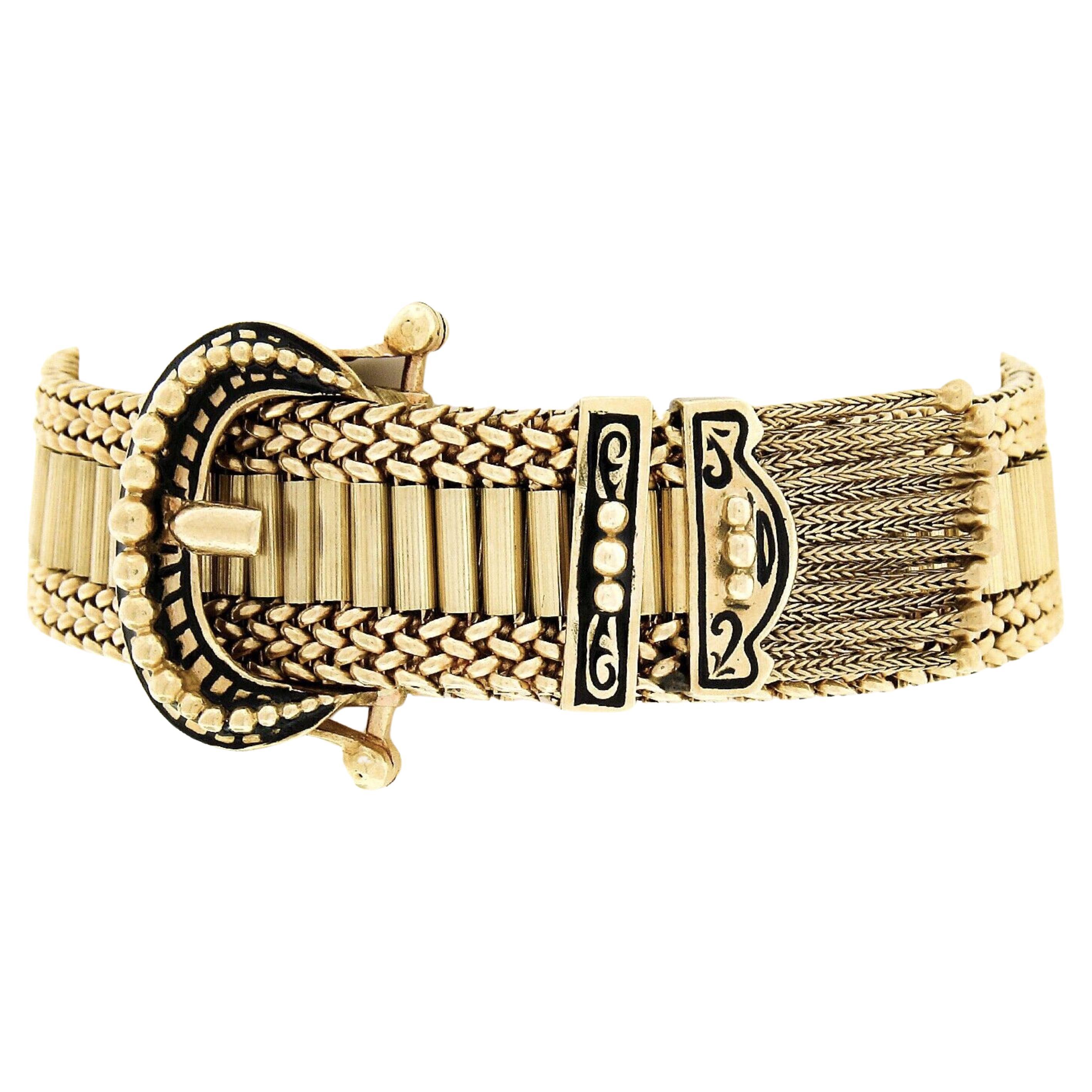 Victorian Revival 14K Gold Black Enamel Tassel Fancy Slide Buckle Strap Bracelet For Sale