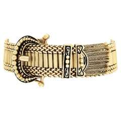 Victorian Revival 14K Gold Black Enamel Tassel Fancy Slide Buckle Strap Bracelet