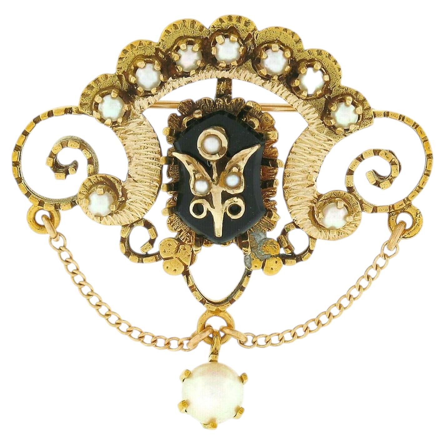 Victorian Revival 14K Gold Black Onyx Seed Cultured Pearl Dangle Brooch Pendant