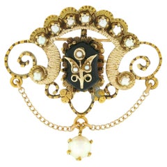 Victorian Revival 14K Gold Black Onyx Seed Cultured Pearl Dangle Brooch Pendant