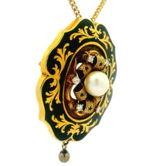 Victorian Revival 14k Gold Diamond Pearl Black Enamel Foliage Brooch Pendant