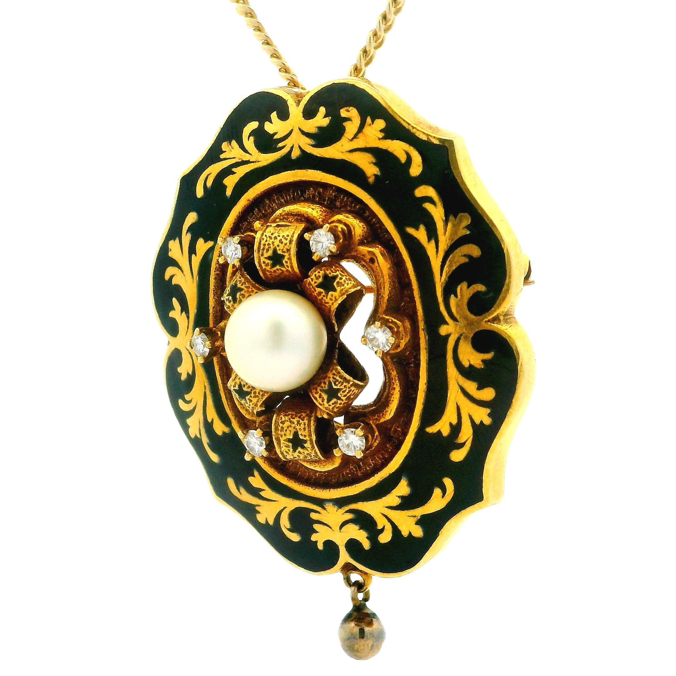 Colgante Broche Follaje Revival Victoriano Oro 14k Diamante Perla Esmalte Negro Renacimiento en venta