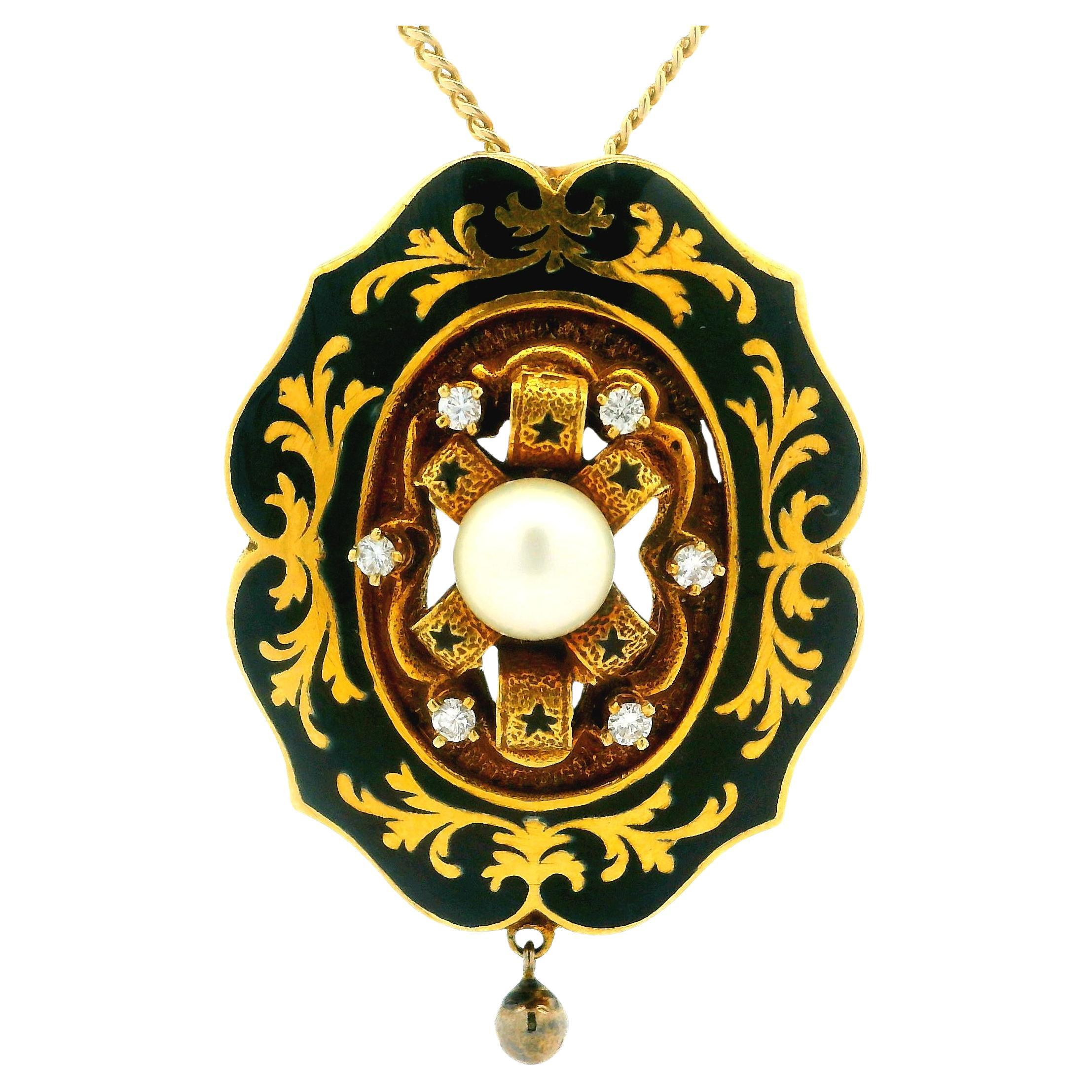 Victorian Revival 14k Gold Diamond Pearl Black Enamel Foliage Brooch Pendant