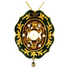 Victorian Revival 14k Gold Diamond Pearl Black Enamel Foliage Brooch Pendant
