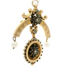 Victorian Revival 14k Gold Pearl Turquoise Enamel Dangle Pin Brooch Pendant