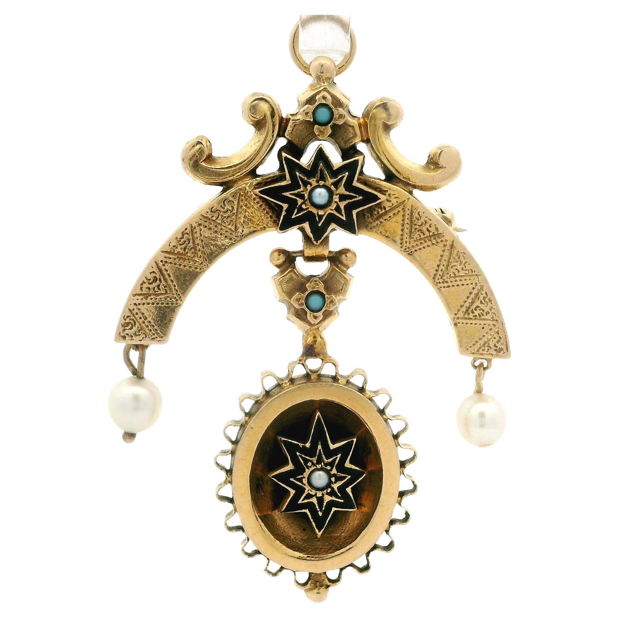 Victorian Revival 14k Gold Pearl Turquoise Enamel Dangle Pin Brooch Pendant For Sale