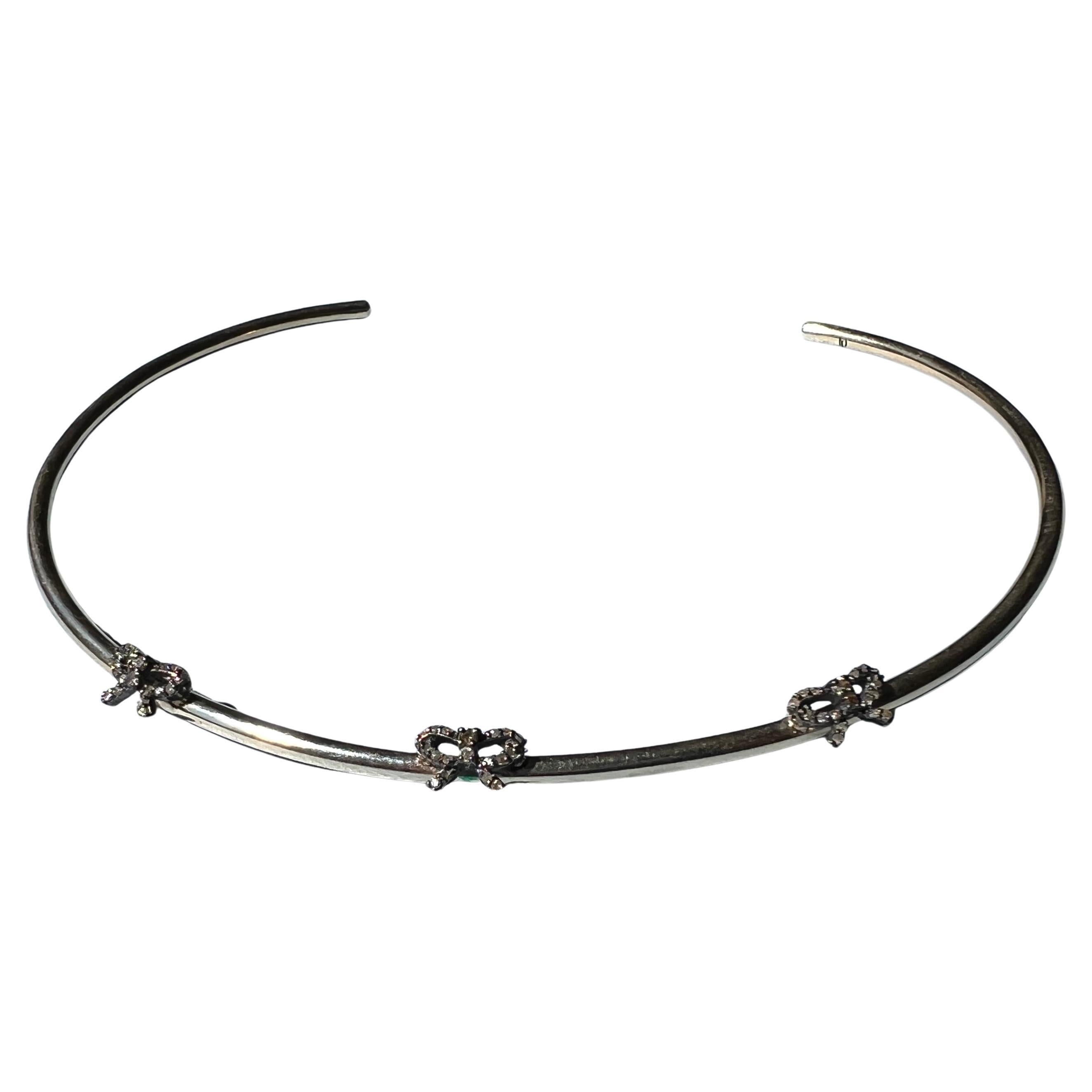 Victorian Revival 14k Gold-Plated Brass Raw Diamond Bow Choker Bangle For Sale