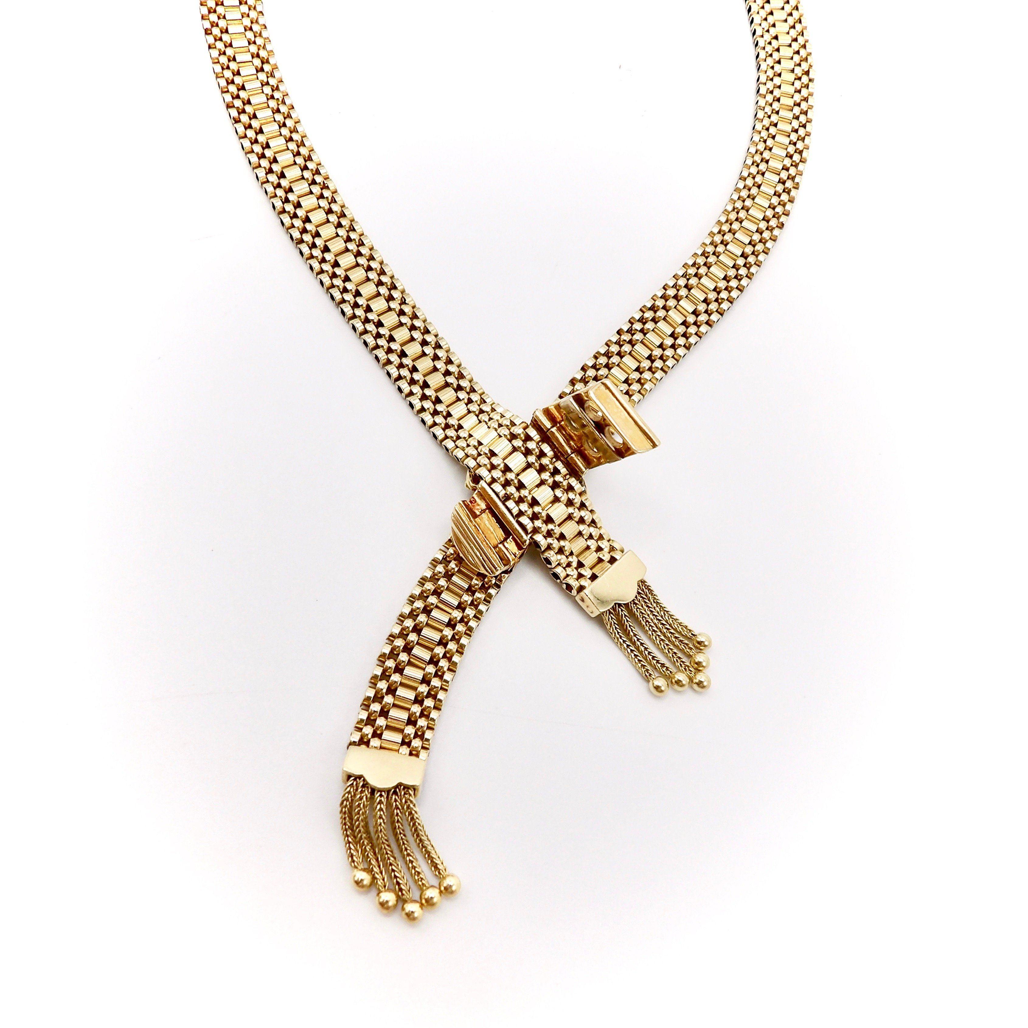 Victorian Revival 14K Woven Gold Necklace with Buckle Clasp and Tassels In Good Condition For Sale In Venice, CA