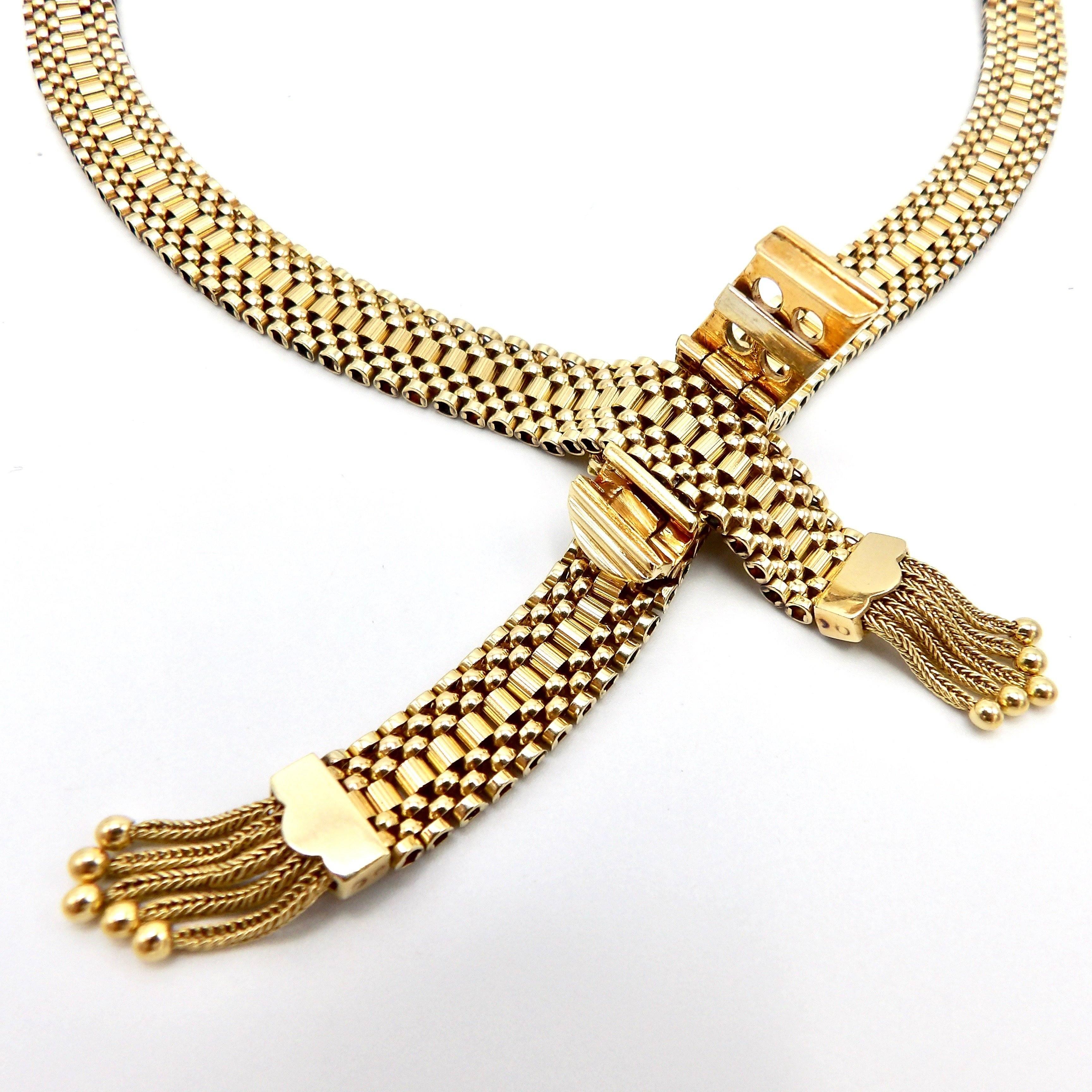 Victorian Revival 14K Woven Gold Necklace with Buckle Clasp and Tassels For Sale 1