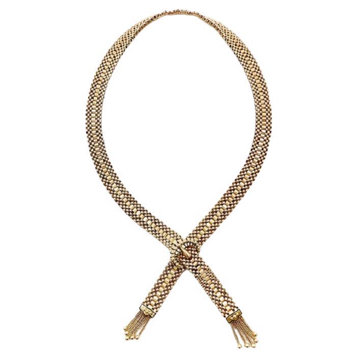 Viktorianische Revival 14K gewebt Gold Halskette mit Schnalle Verschluss und Quasten