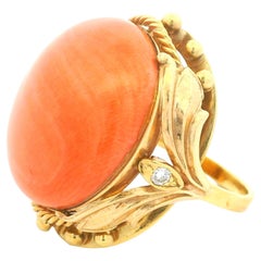 Victorian Revival 14K Yellow Gold Round Coral & Diamond Ring, Size 8