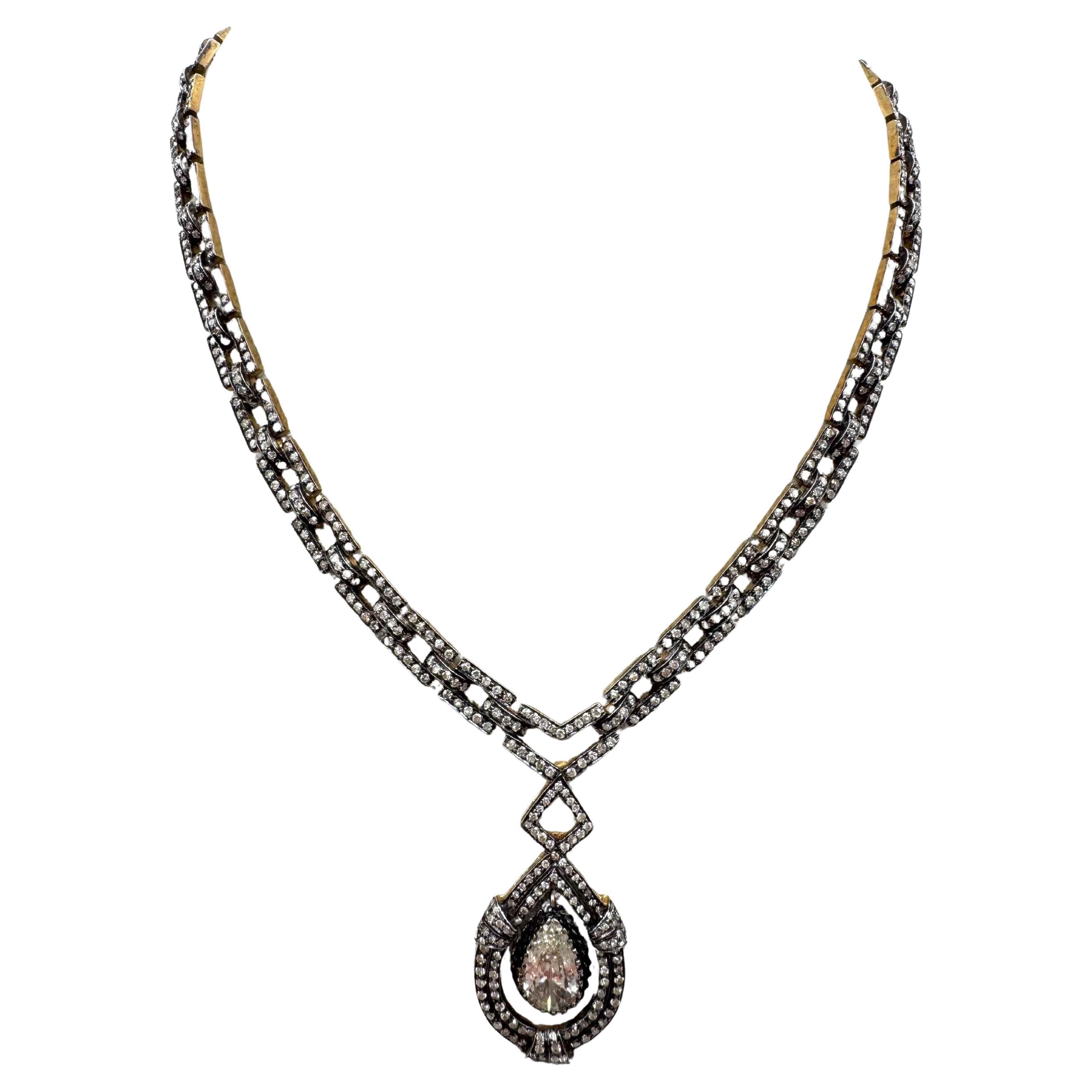 Viktorianische-Revival-Halskette aus 18 Karat Gold und Silber mit Diamanten