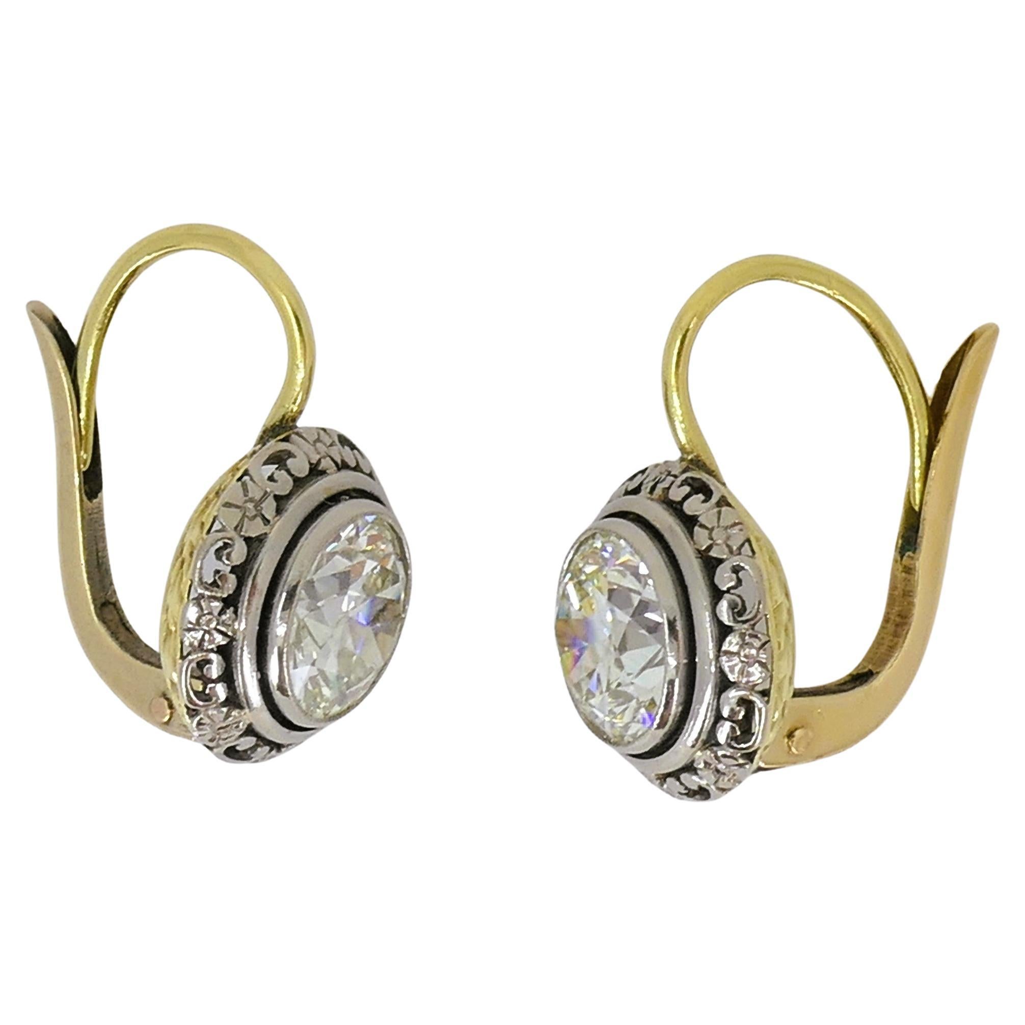 Victorian Revival 18k Gold Old European Cut Diamond Earrings Estate Jewelry In Good Condition In Beverly Hills, CA