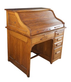 Victorian Revival American Oak S Curve Tambour Roll Top Office Desk
