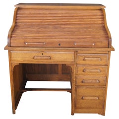Victorian Revival American Oak S Curve Tambour Roll Top Office Desk