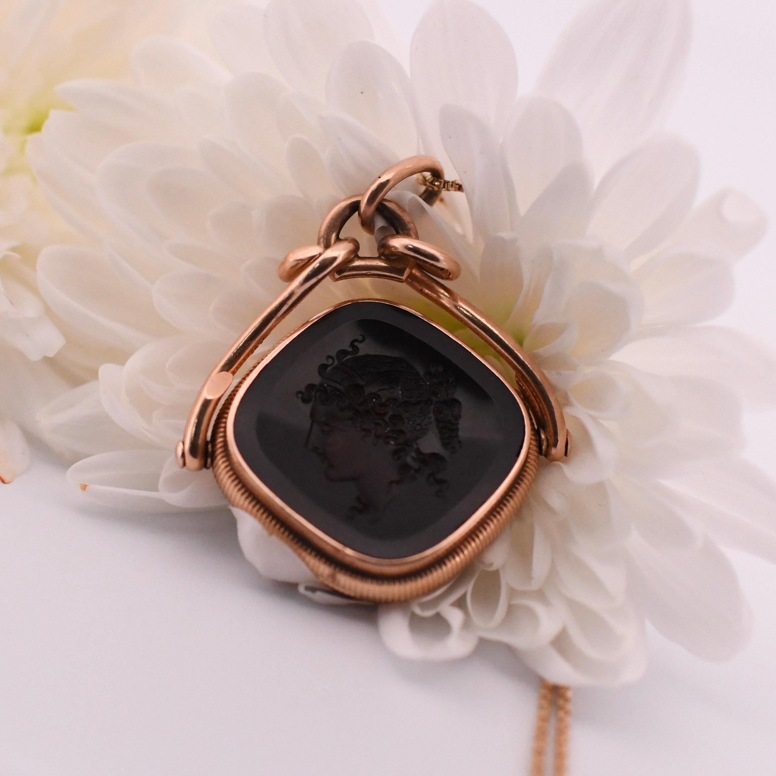 Women's Victorian Revival Black Onyx Intaglio Mid Century 14K Gold Locket For Sale