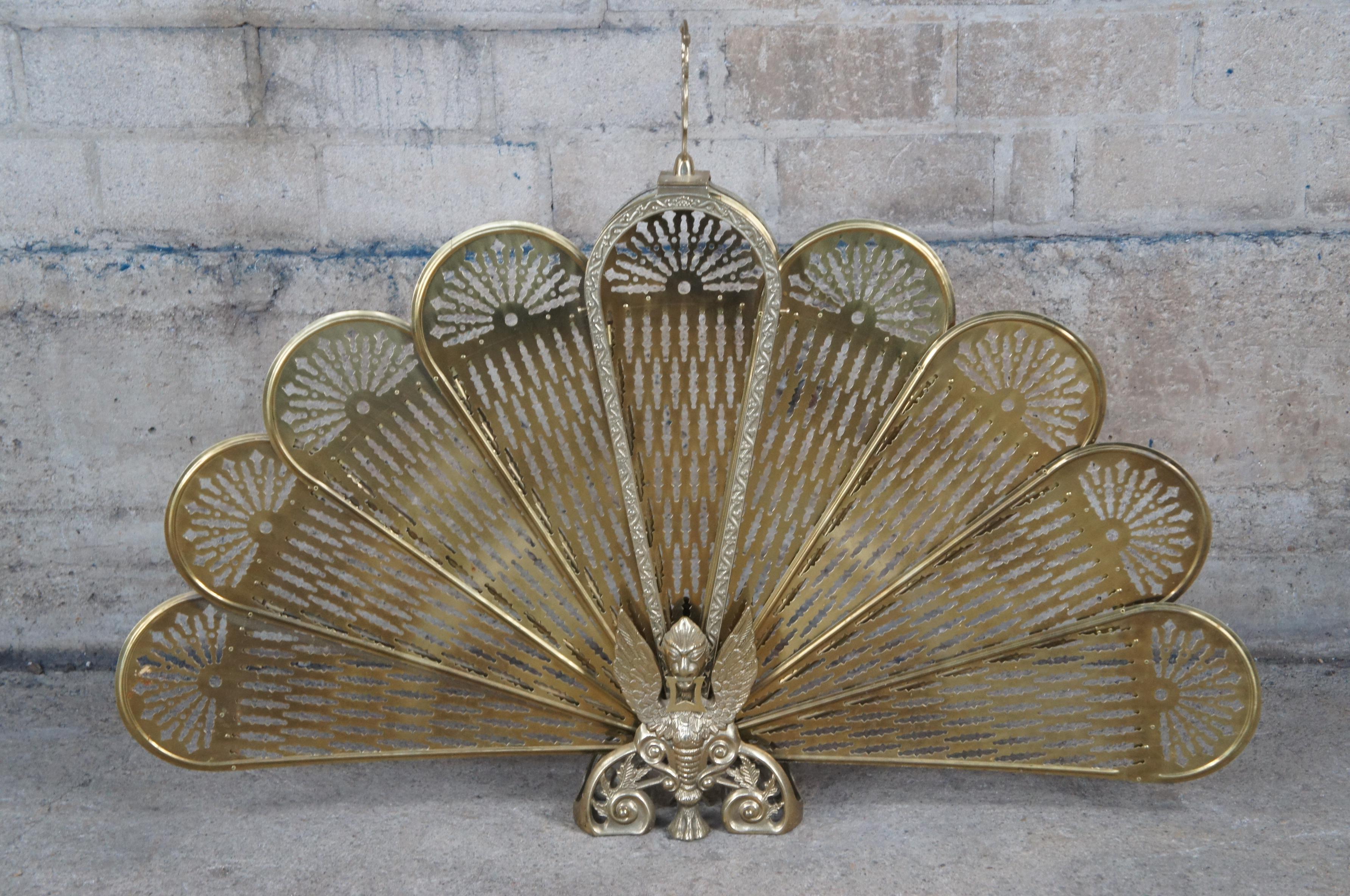 20th Century Victorian Revival Brass Fireplace Folding Screen Fan Peacock Phoenix Griffin 38