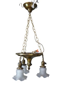 Victorian Revival Brass Ruffled Glass 3 Light Parlor Pendant Light Chandelier