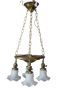 Victorian Revival Brass Ruffled Glass 4 Light Parlor Pendant Light Chandelier