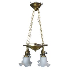 Victorian Revival Brass Ruffled Glass 4 Light Parlor Pendant Light Chandelier