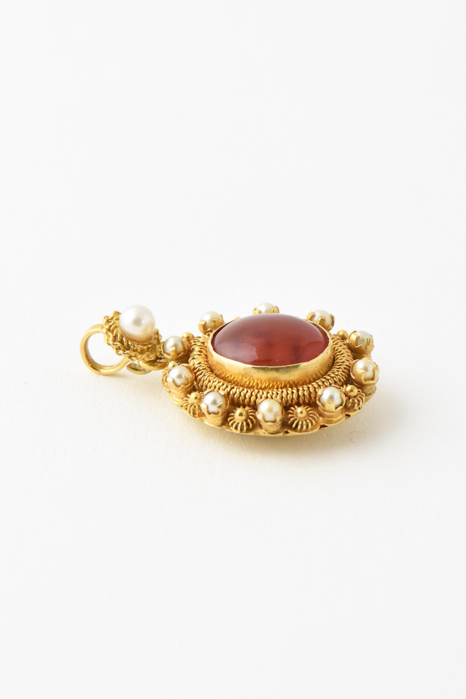 Victorian Revival Carnelian and Pearl Gold Pendant Charm In Good Condition In Miami Beach, FL