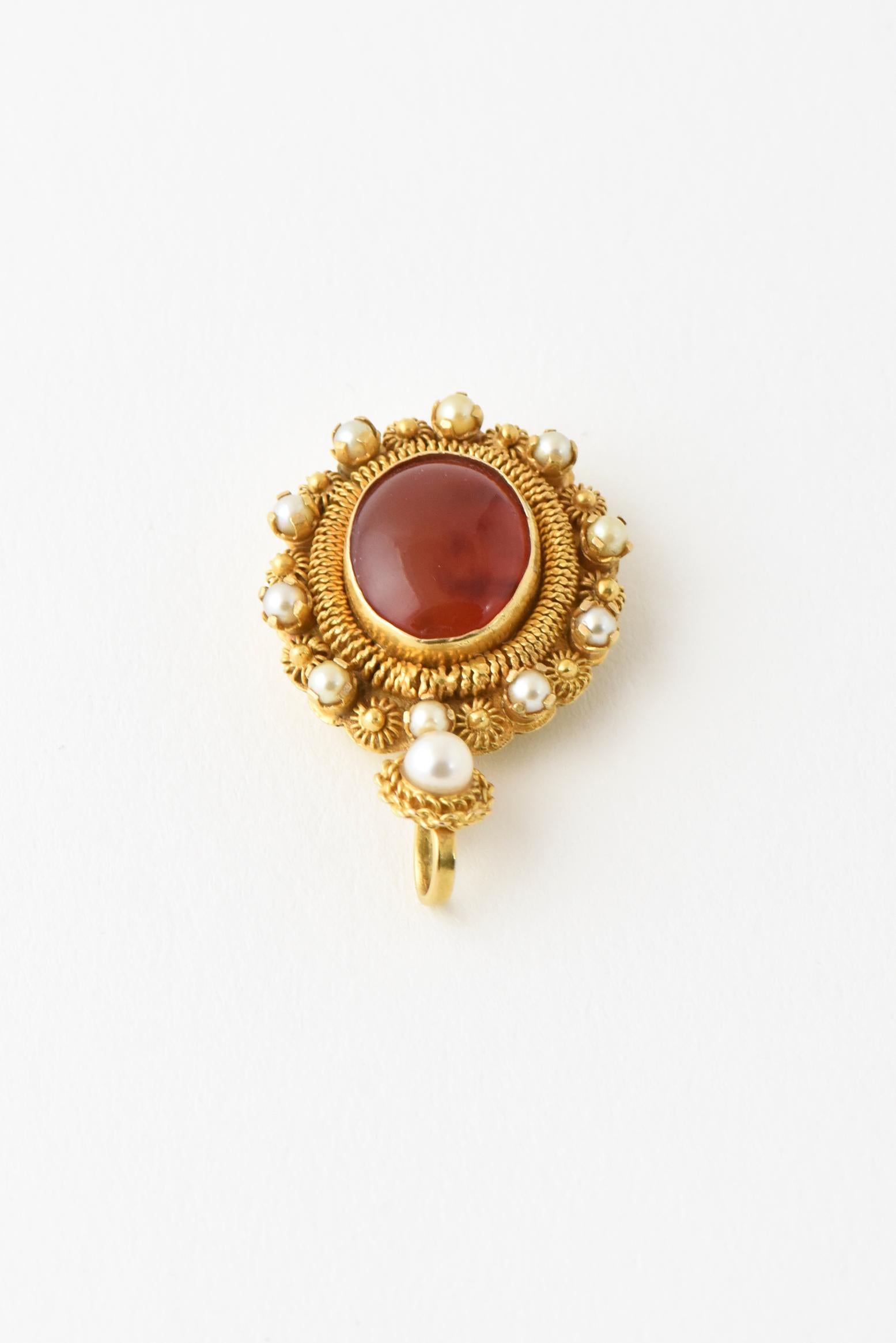 Women's or Men's Victorian Revival Carnelian and Pearl Gold Pendant Charm