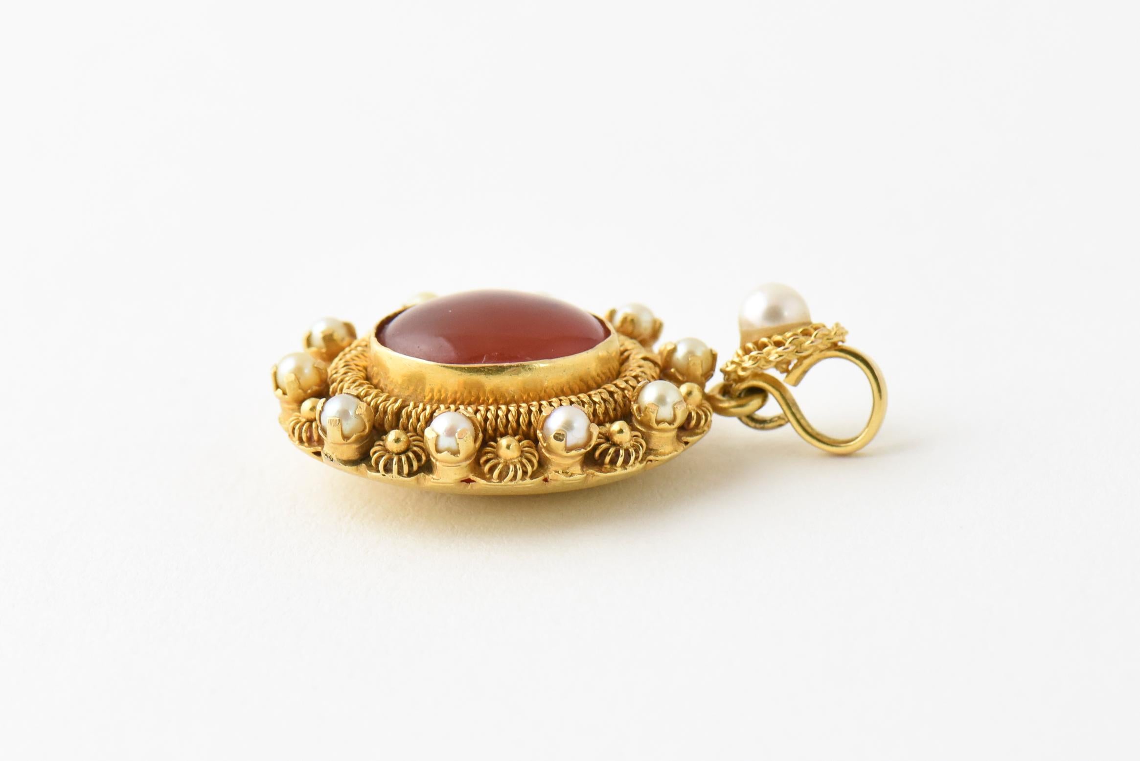 Victorian Revival Carnelian and Pearl Gold Pendant Charm 2