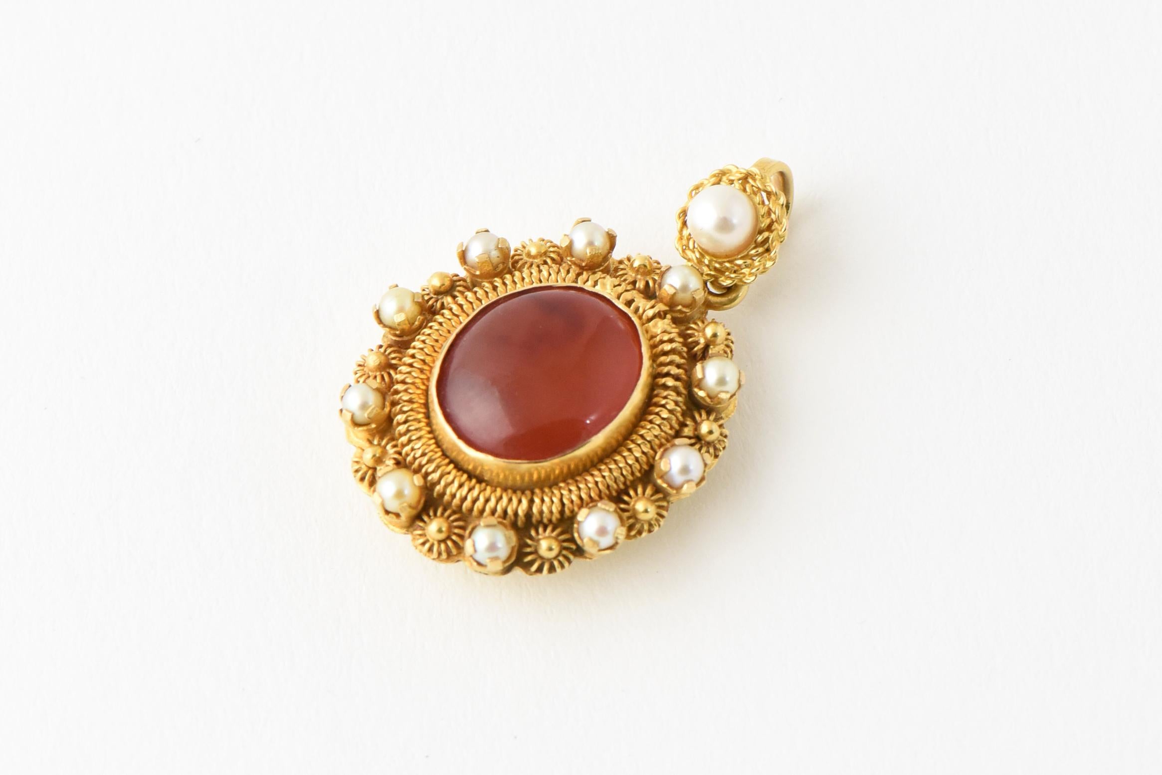 Victorian Revival Carnelian and Pearl Gold Pendant Charm 3