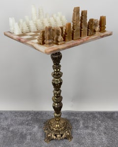 Victorian Revival Chess Table & Pieces with Marble Top & Bronze Base
