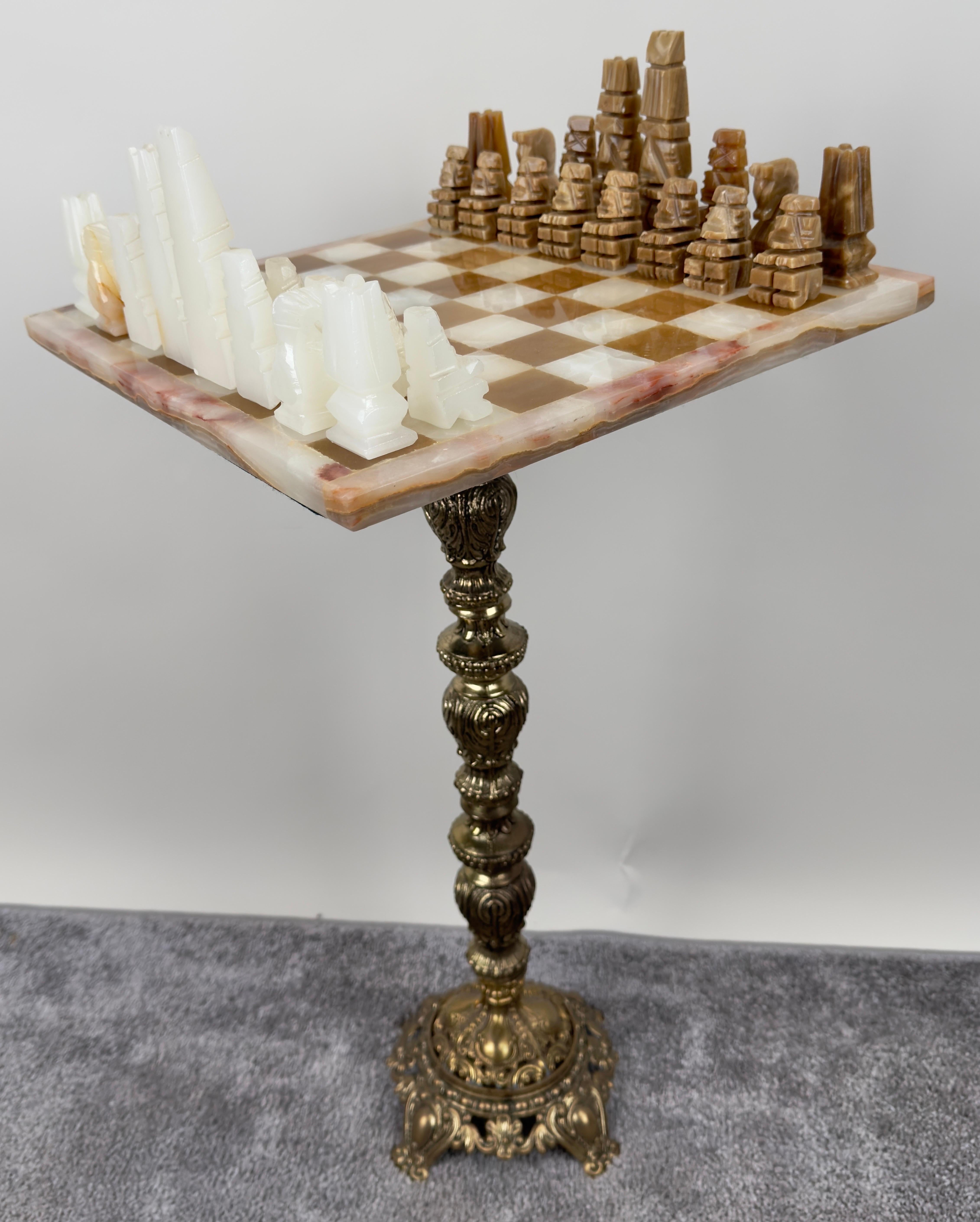 Victorian Revival Chess Table & Pieces with Marble Top & Bronze Base In Good Condition For Sale In Plainview, NY