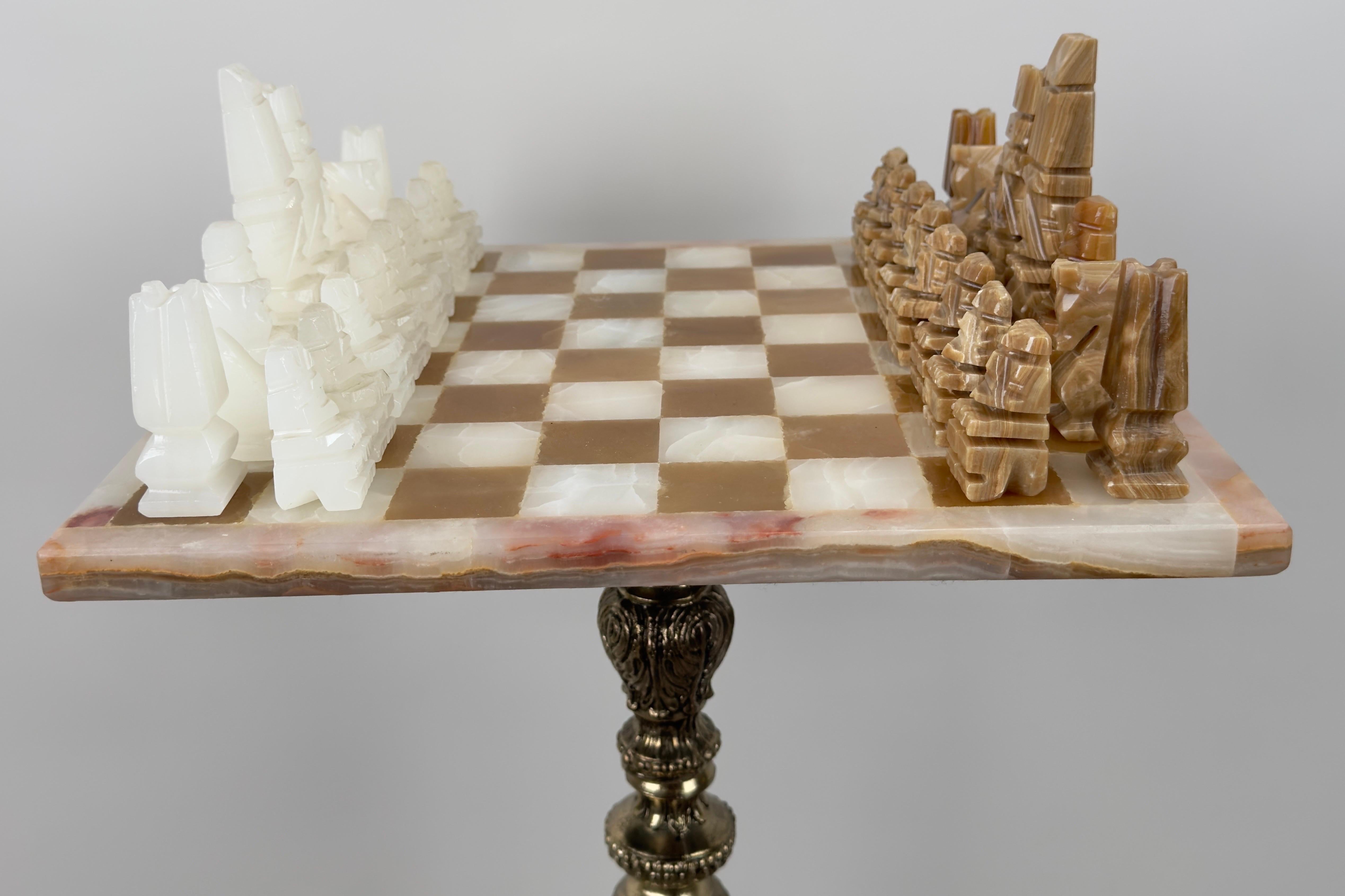 19th Century Victorian Revival Chess Table & Pieces with Marble Top & Bronze Base For Sale
