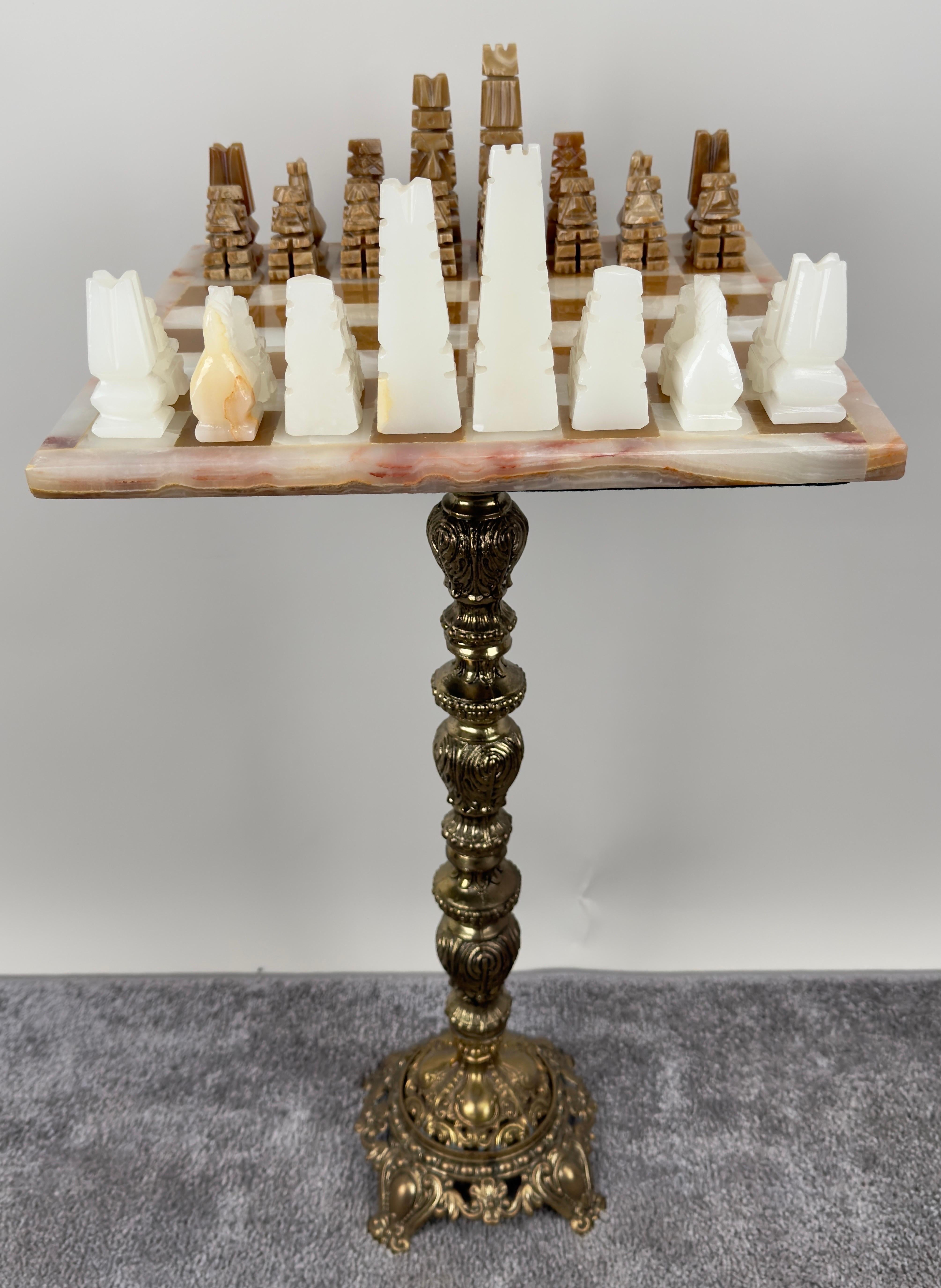 Victorian Revival Chess Table & Pieces with Marble Top & Bronze Base For Sale 1