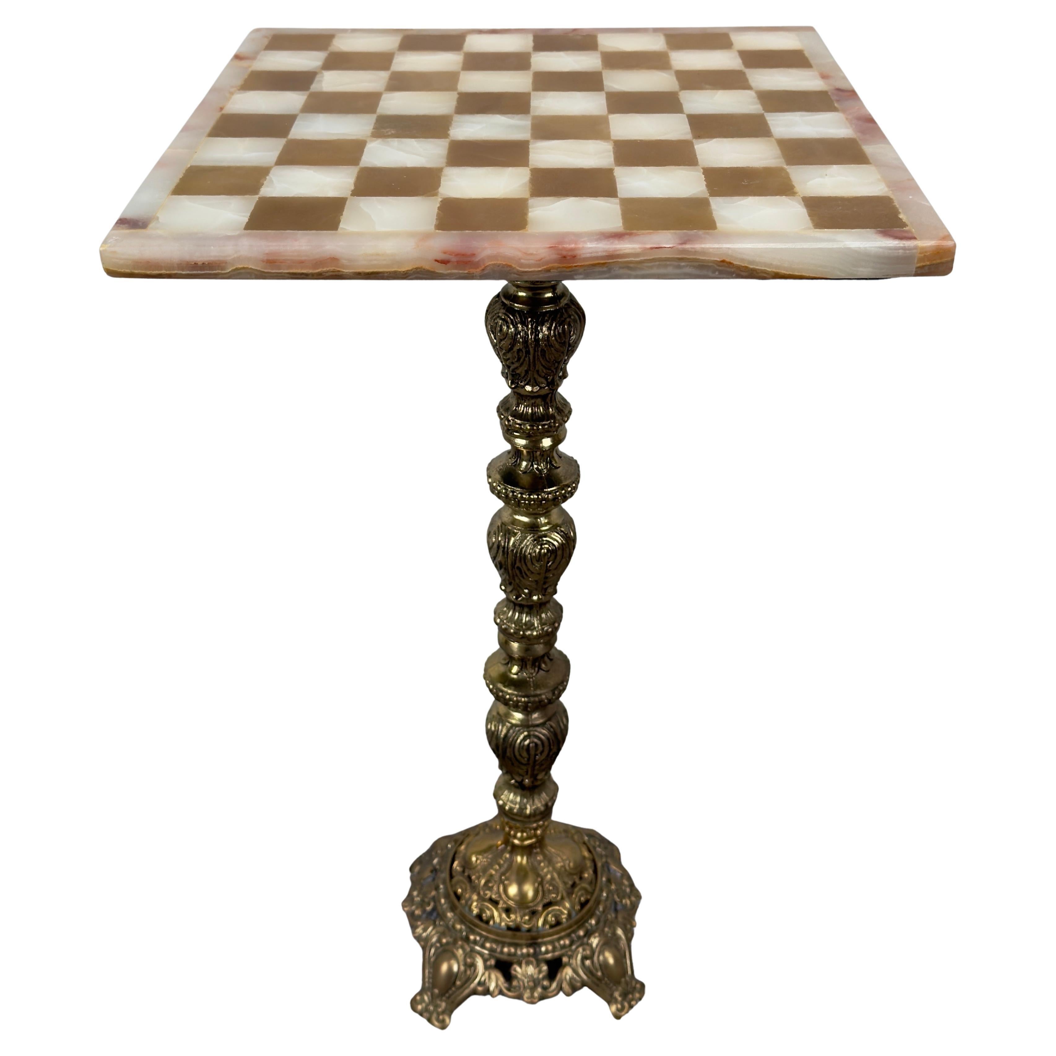 Victorian Revival Chess Table & Pieces with Marble Top & Bronze Base For Sale 2