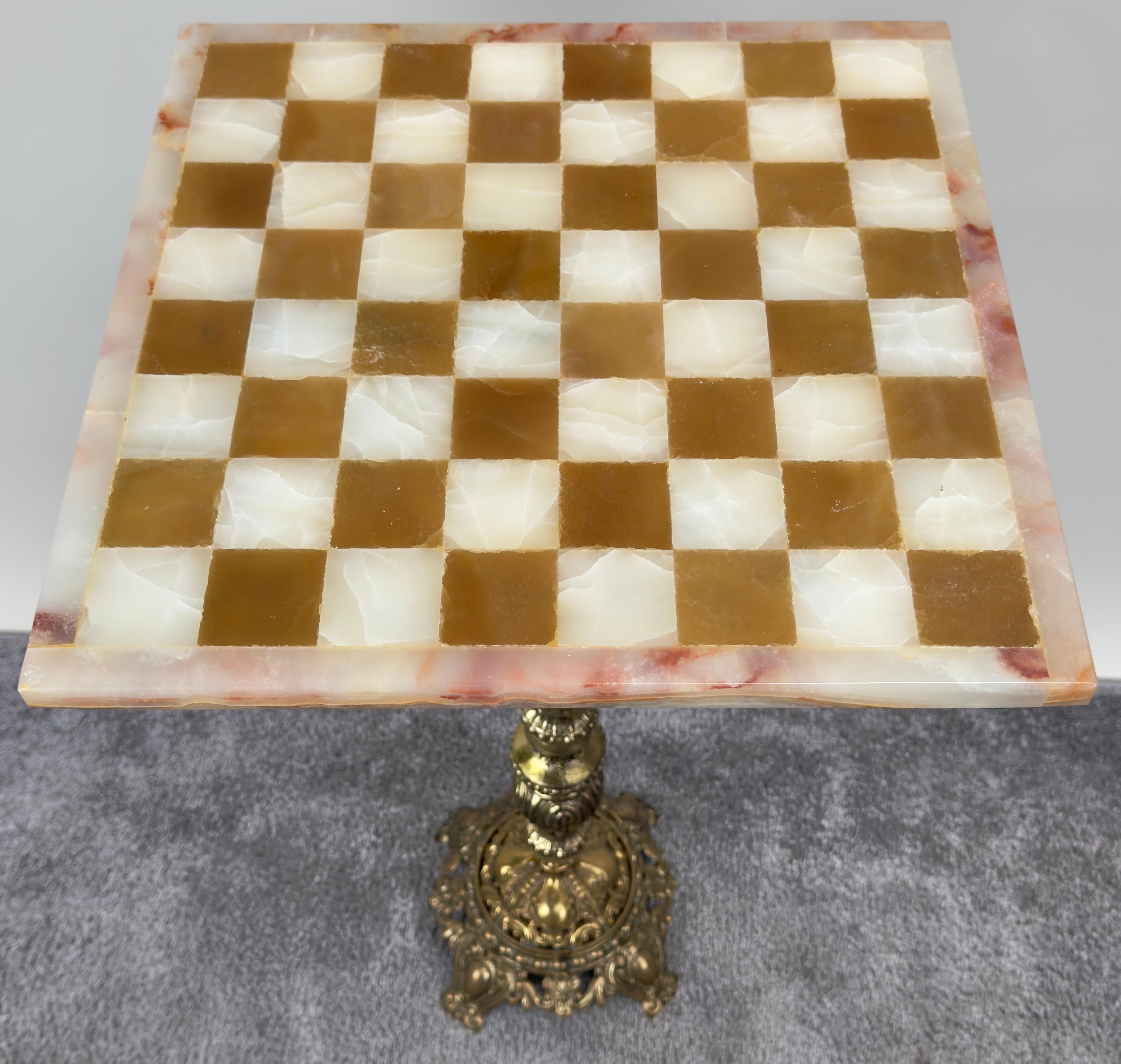 Victorian Revival Chess Table & Pieces with Marble Top & Bronze Base For Sale 3
