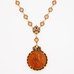 Victorian Revival Cupid & Venus Topaz Intaglio Pendant Necklace By Goldette