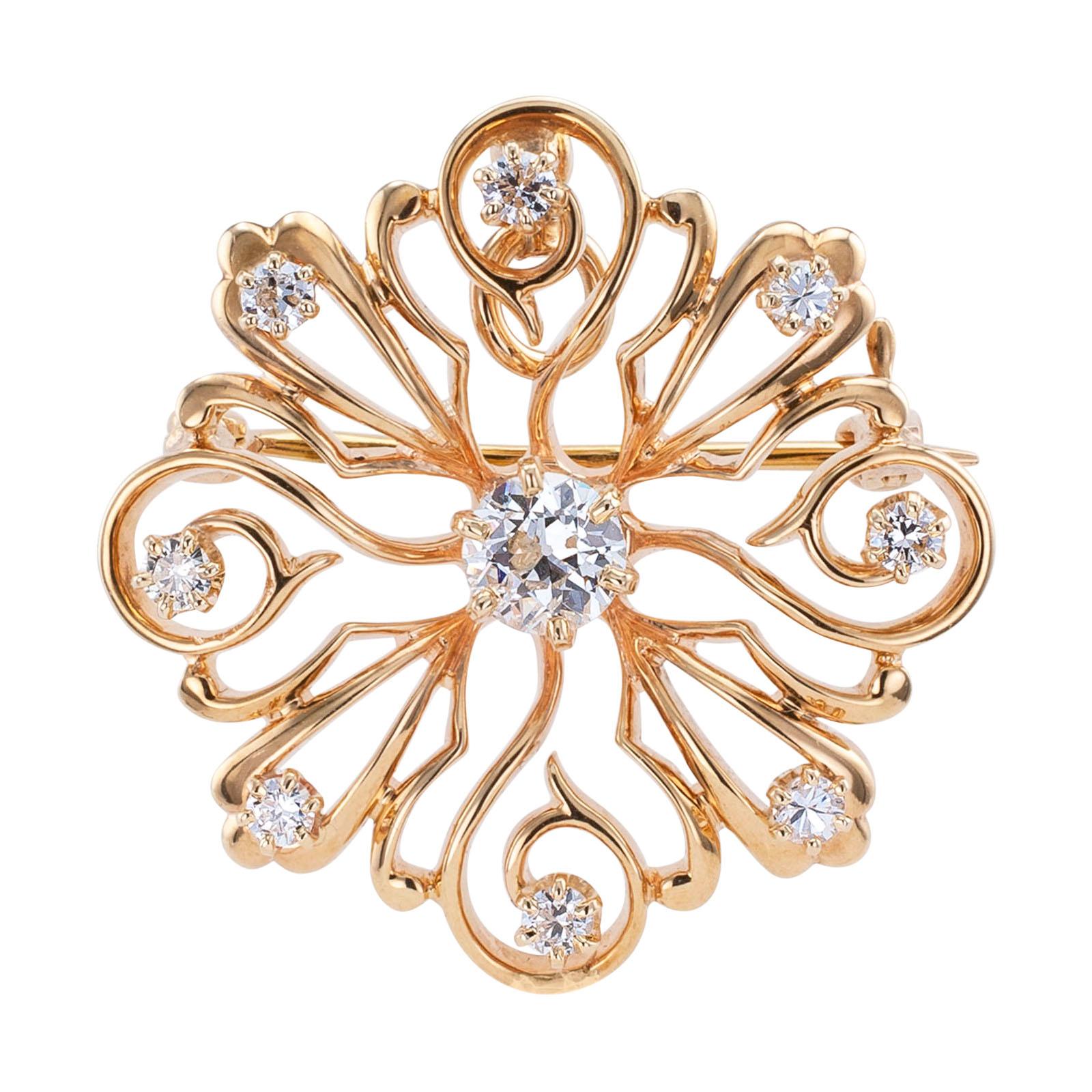 Round Cut Victorian Revival Diamond Starburst Yellow Gold Brooch Pendant