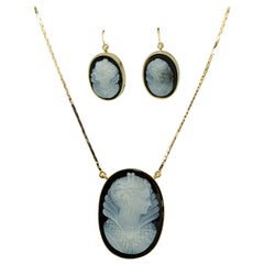 Victorian Revival Elizabethan Onyx Cameo Gold Necklace and Earrings Suite
