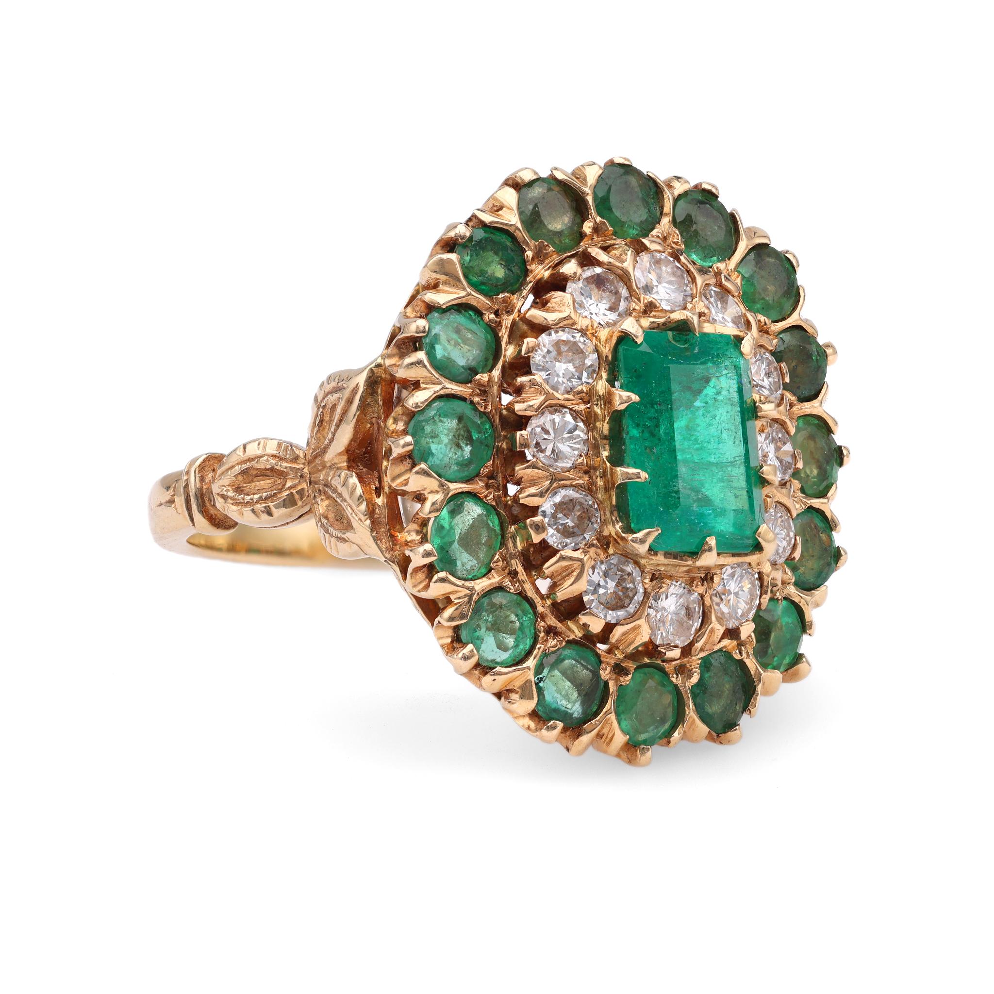 Victorian Revival Emerald Diamond 14k Yellow Gold Cluster Ring In Good Condition For Sale In Beverly Hills, CA