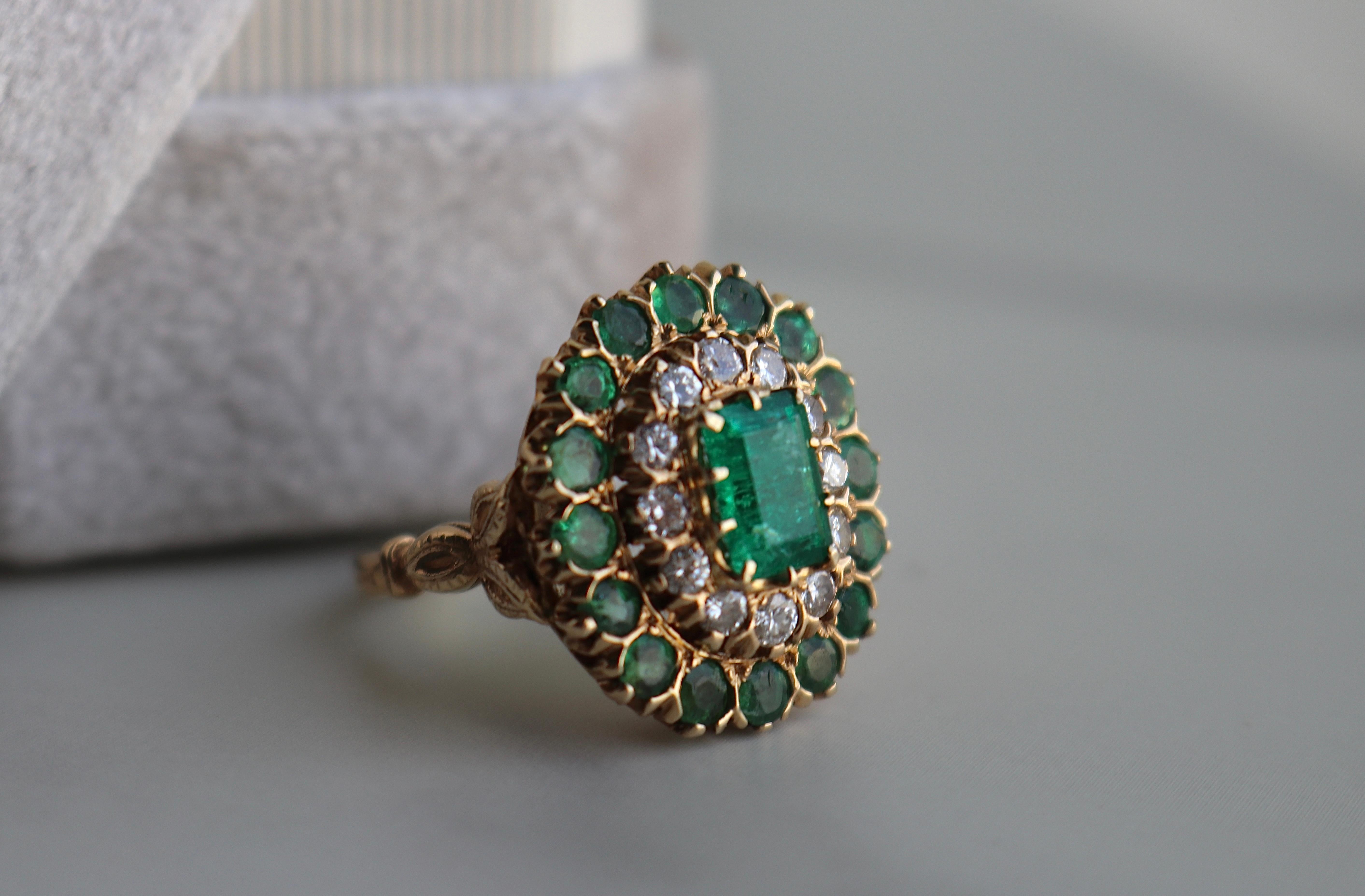 Women's or Men's Victorian Revival Emerald Diamond 14k Yellow Gold Cluster Ring For Sale