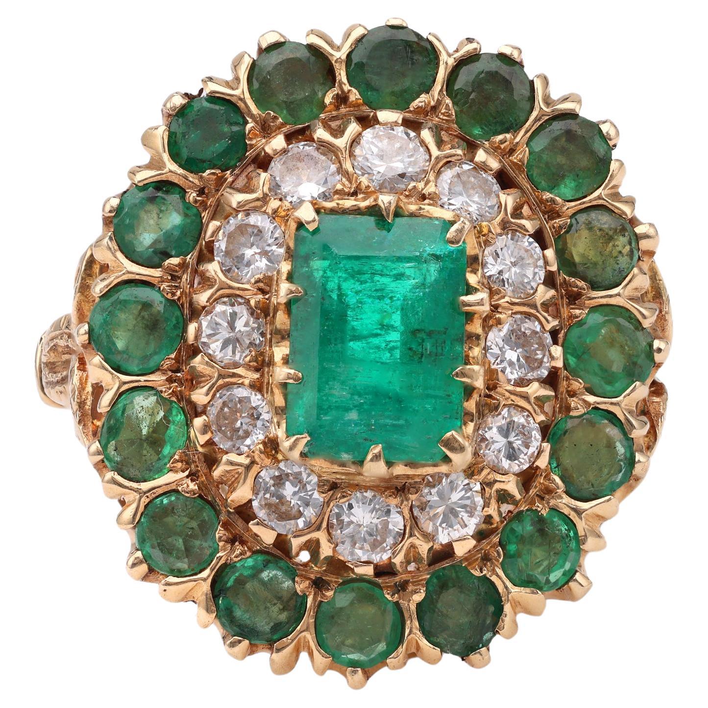 Victorian Revival Emerald Diamond 14k Yellow Gold Cluster Ring For Sale