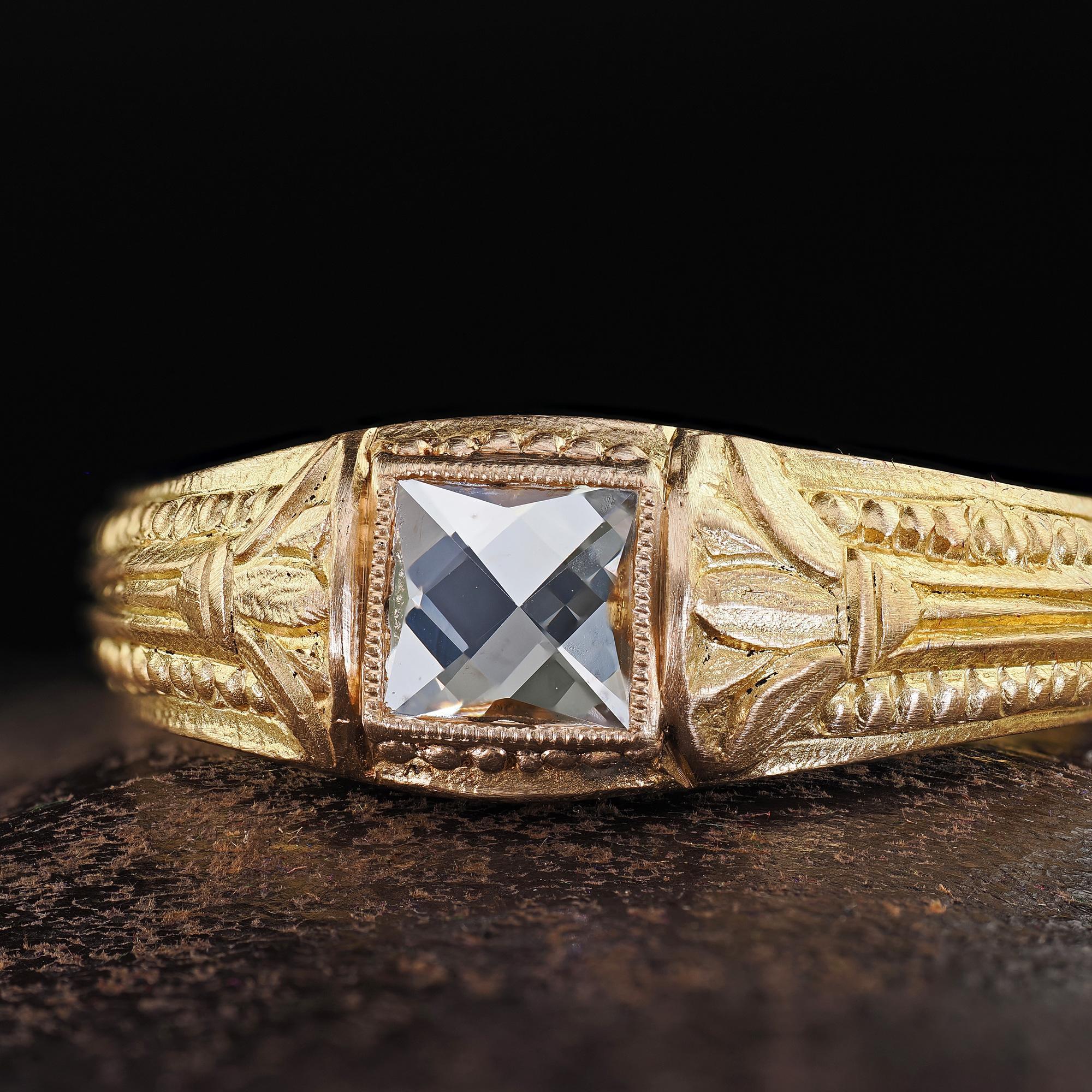 Bague de fiançailles française de style néo- victorien en or vert 18 carats avec diamant taille française Pour femmes en vente