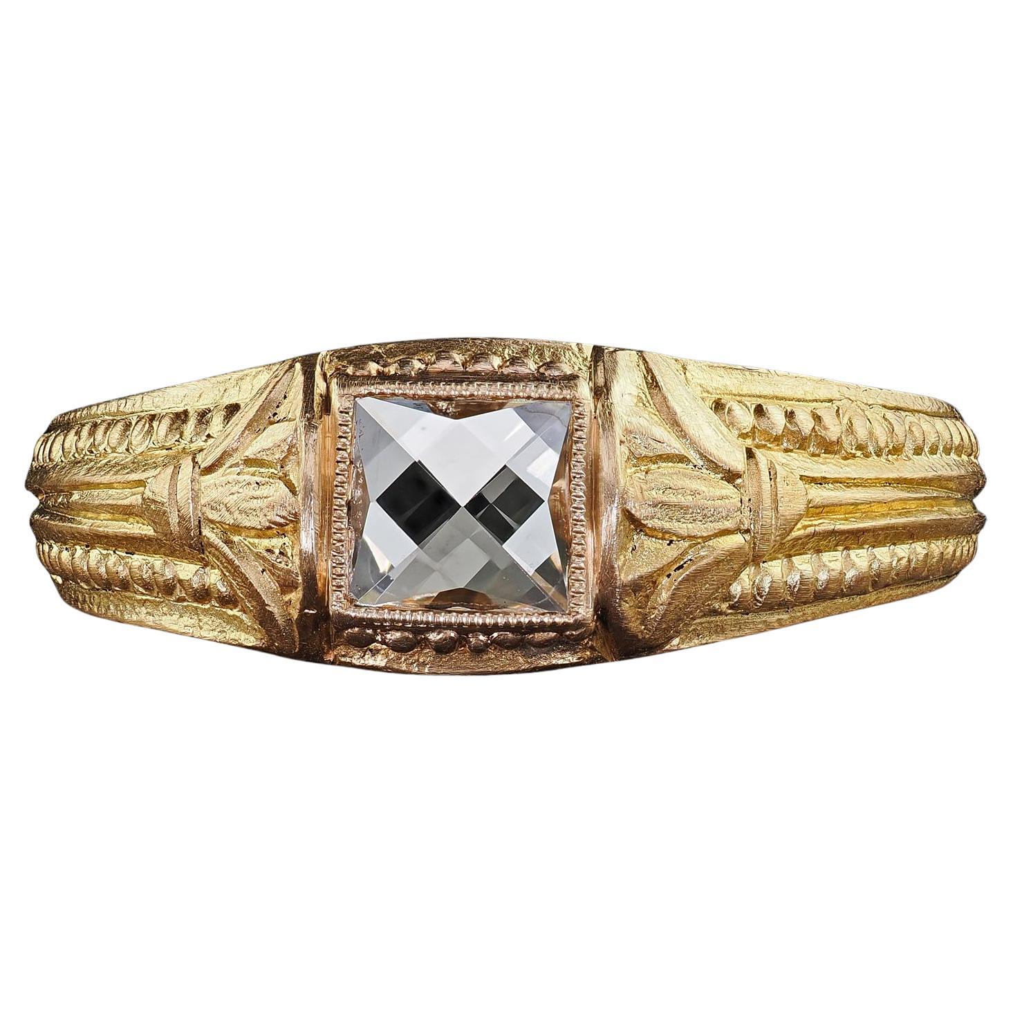 Anello di fidanzamento vittoriano francese in oro verde 18 carati con diamante taglio francese
