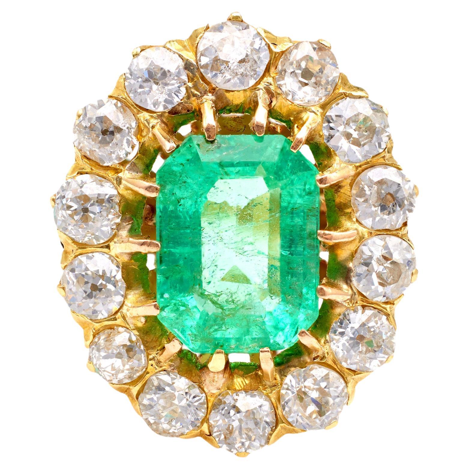 Victorian Revival GIA 2.50 Carat Colombian Emerald Diamond 18k Gold Cluster Ring For Sale